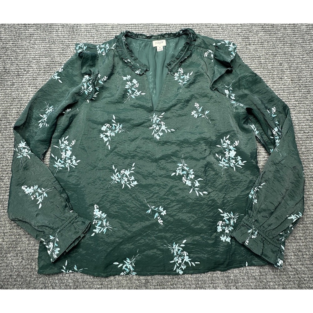 J. Crew Shirt Womens Medium Green Floral Ruffle V Neck Long Sleeve Lined